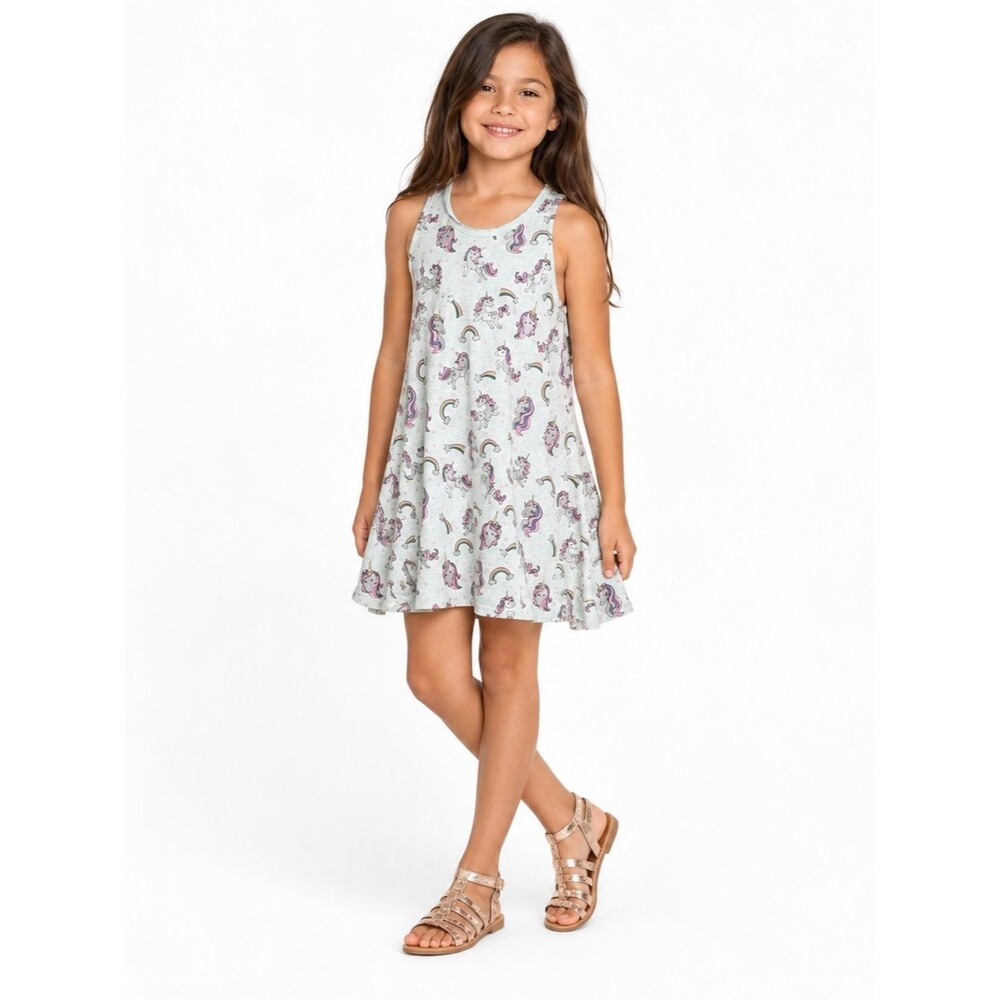 Chaser Glitter Unicorn Casual Dress Blue Rainbow Print Girls Size 7 Sleeveless